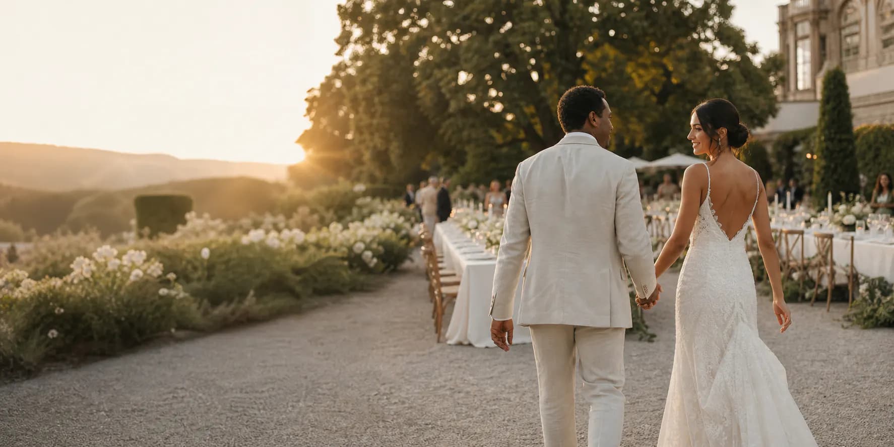 Brautpaar und Gäste bei einer stilvollen Gartenhochzeit