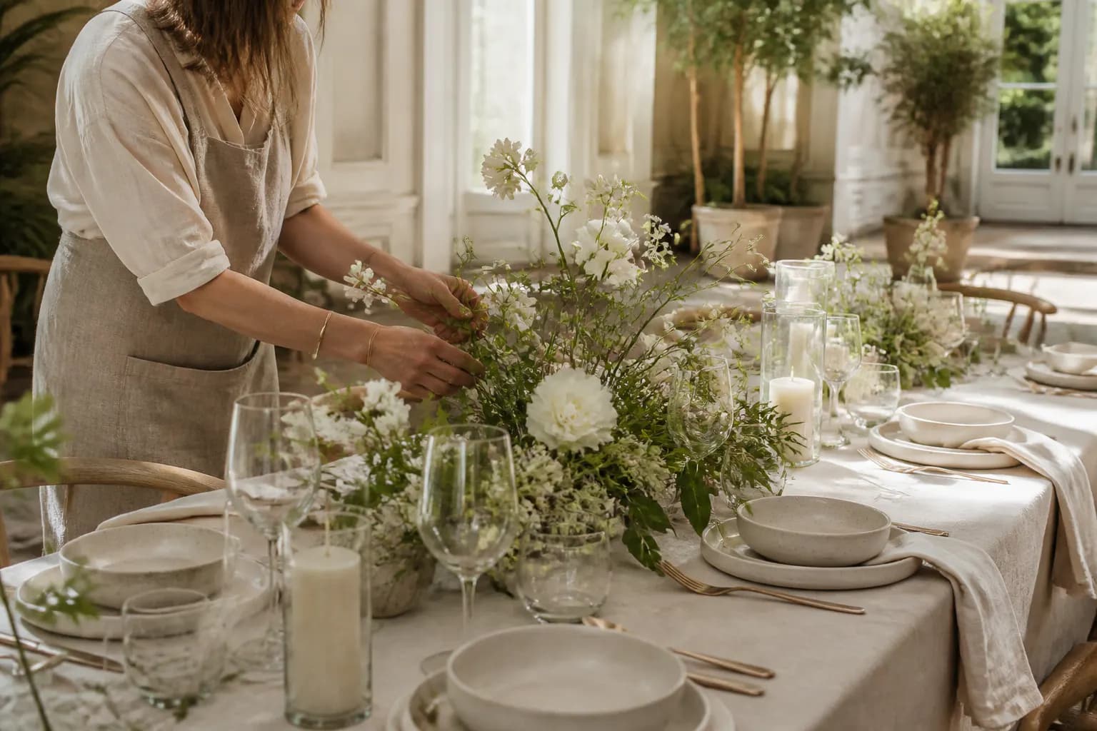 Sorgfältig gestaltete Hochzeitstafel mit floralen Details